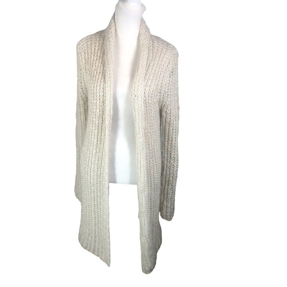 Full Tilt Tan Beige Long Open Front Fuzzy Cardigan Sweater M Open Weave Boho